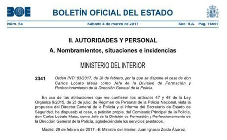 Imagen de la resolución del cese de Carlos Lobato publicada en el BOE