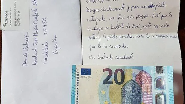 Carta con el billete de 20 euros que ha llegado a un bar ce Candeleda