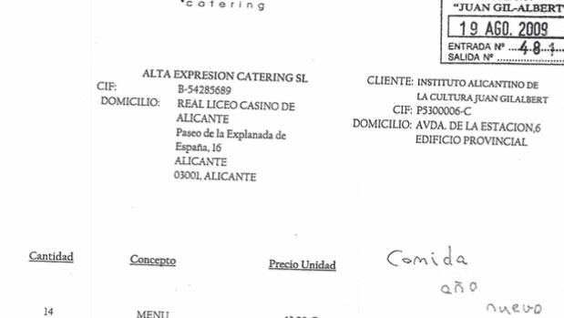 Factura del primer catering de «año nuevo» del 19 de mayo de 2009, registrada en el Gil-Albert el 19 de agosto