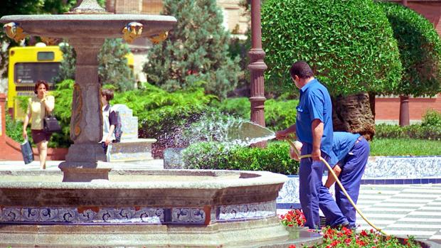 Jardineros riegan unas flores en un parque de Talavera