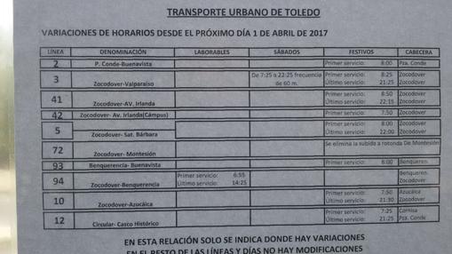 Información colocada en los autobuses urbanos sobre las modificaciones a partir del 1 de abril