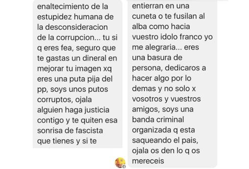 Imagen de uno de los mensajes que la concejal del PP ha recibido en Facebook