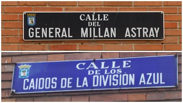 Las placas de las calles de Millán Astray y los Caidos de la División Azul que se retirarán del callejero