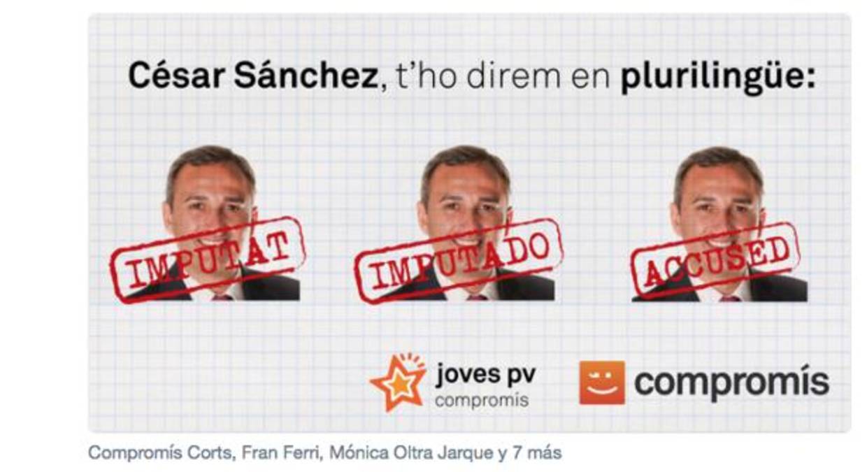 Mensaje en Twitter de Joves PV Cormpomís dando por imputado a César Sánchez