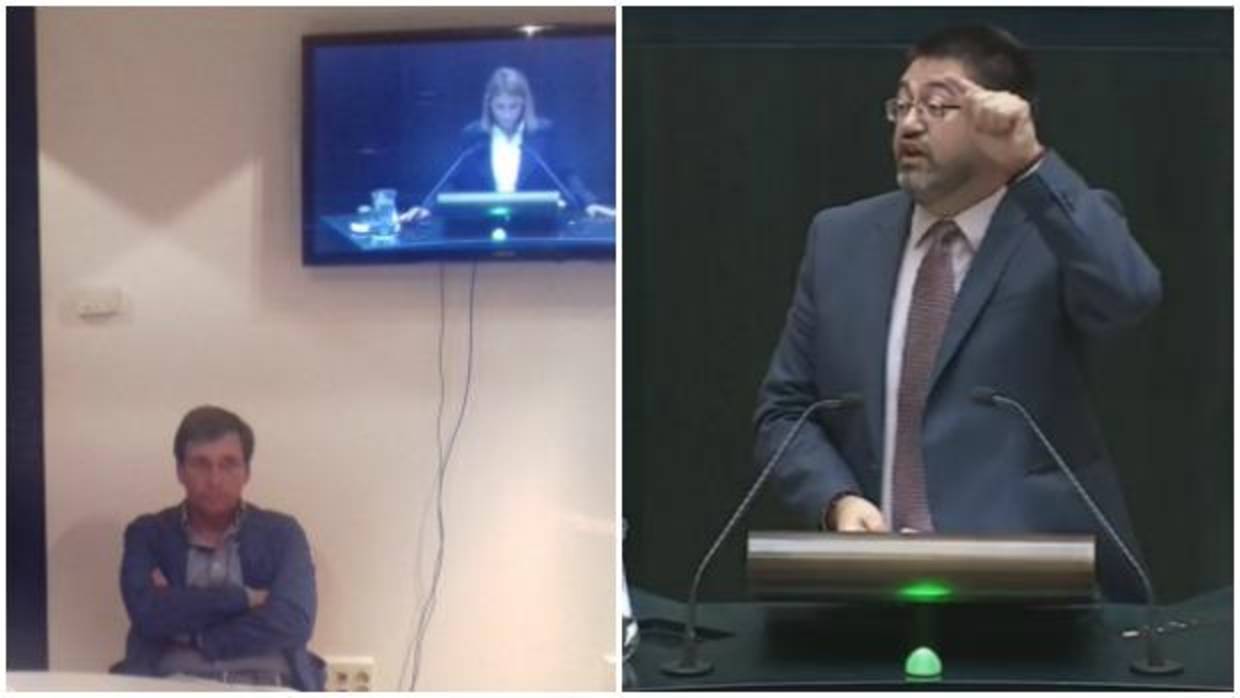 Martínez-Almeida (izq.) en una sala contigua al Pleno; al lado, Sánchez Mato en su intervención