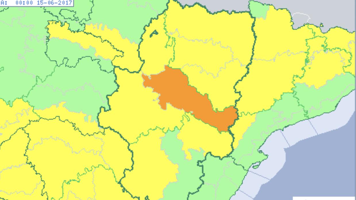 Mapa previsto por la Aemet para este miércoles: alerta amarilla por calor en casi todo Aragón, y roja en Zaragoza capital y el resto del valle del Ebro