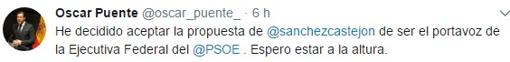 Puente anuncia en su Twitter que será portavoz del PSOE