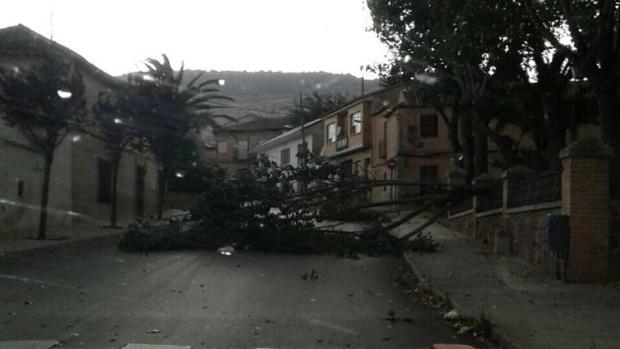 Imagen de una calle de Los Yébenes el jueves 15 de junio tras la tormenta