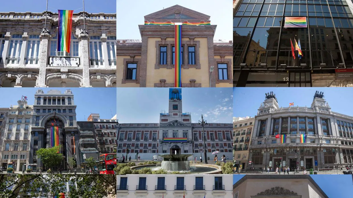 Nueve de las sedes regionales, adornadas con la bandera arco iris durante el World Pride 2017 en Madrid