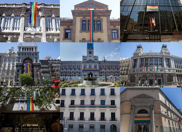 Nueve de las sedes regionales, adornadas con la bandera arco iris durante el World Pride 2017 en Madrid