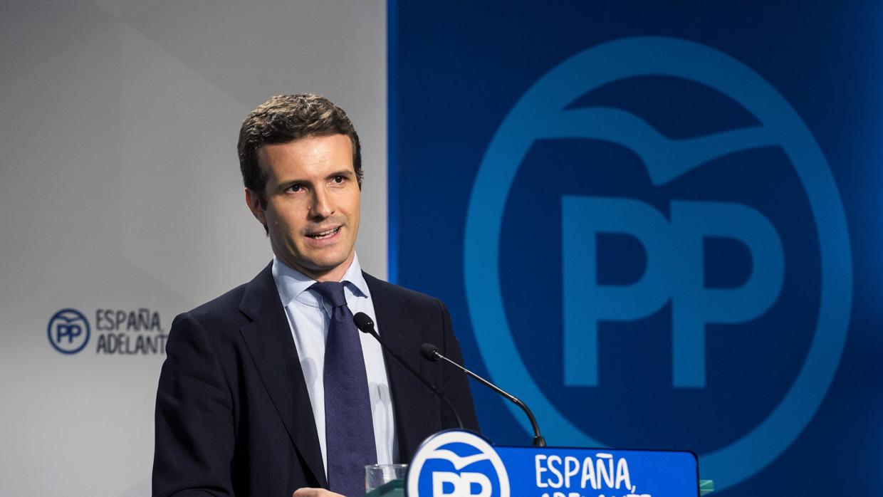 Pablo Casado, en una rueda de prensa en Génova el pasado 26 de junio