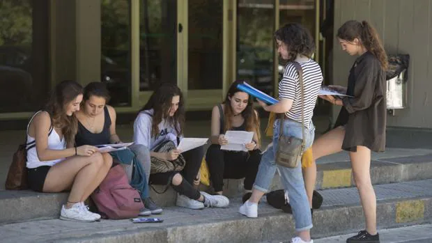 Varios estudiantes repasan sus apuntes en la Universidad Complutense