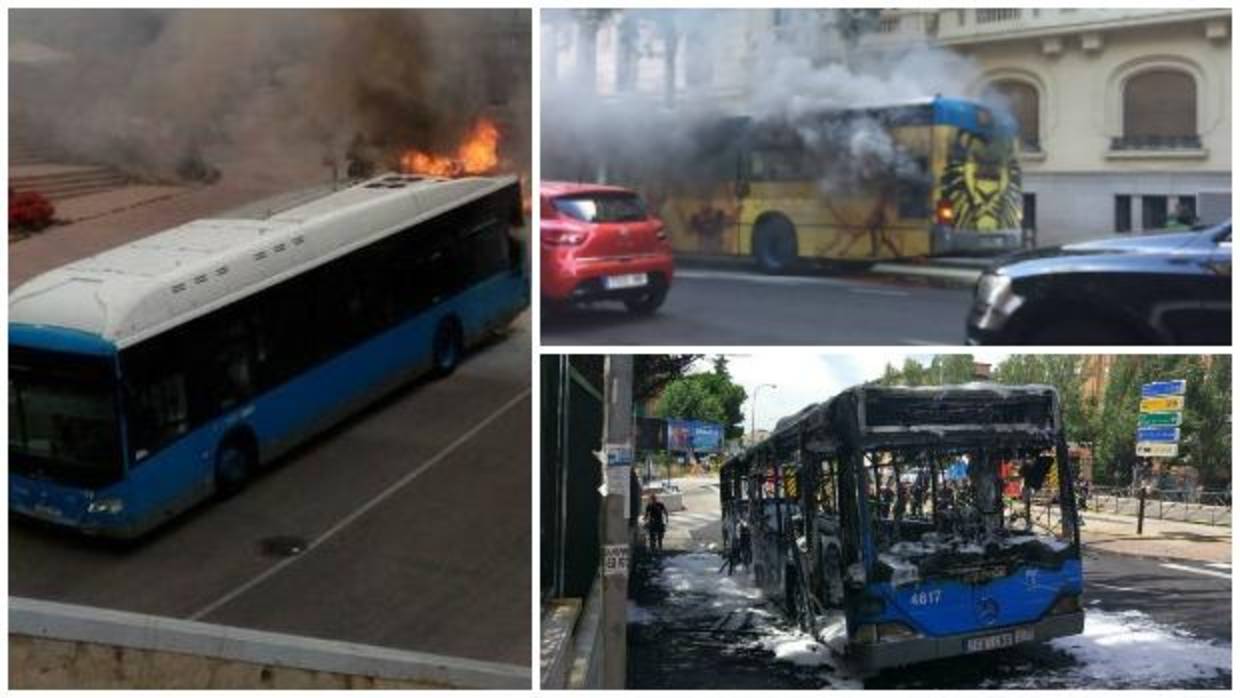 Autobuses ardiendo en Entrevías (izq.); Velázquez (arriba) y Cardenal Herrera Oria (abajo)