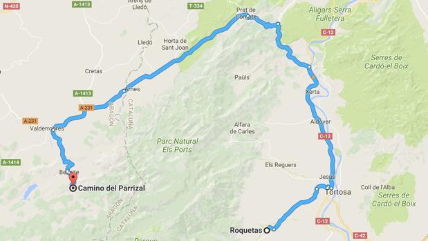 Por carretera, la distancia entre Beceite y Roquetas es de 40 kilómetros, pero es de 15 en línea recta campo a través