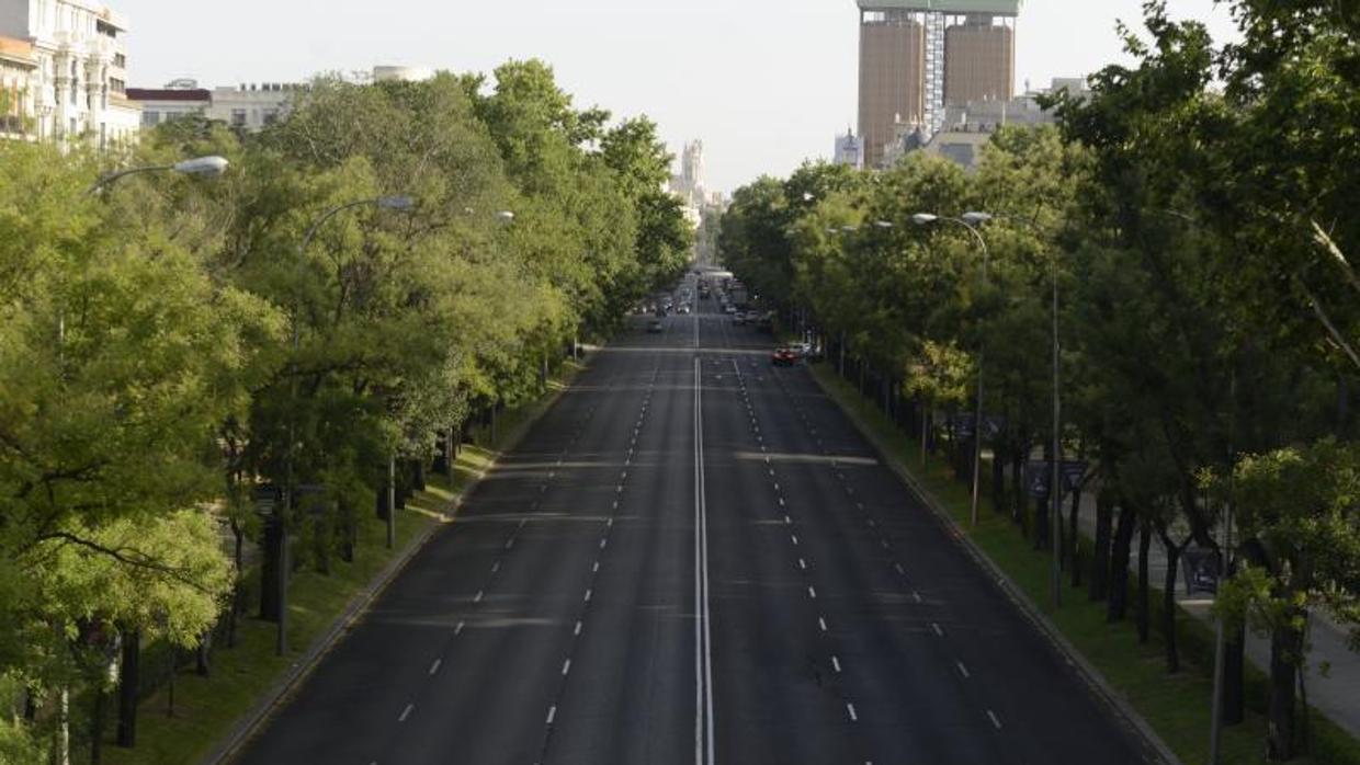 Paseo de la Castellana sin apenas vehículos ni personas, ayer.