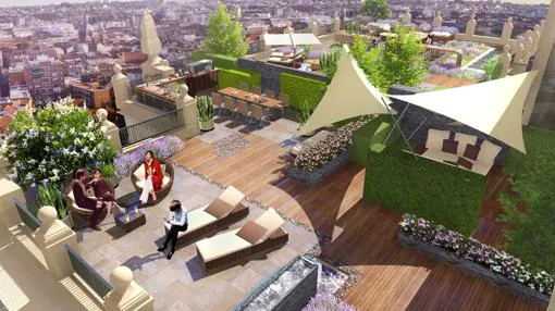 Recreación de una de las terrazas del futuro hotel, con tumbonas y mesas