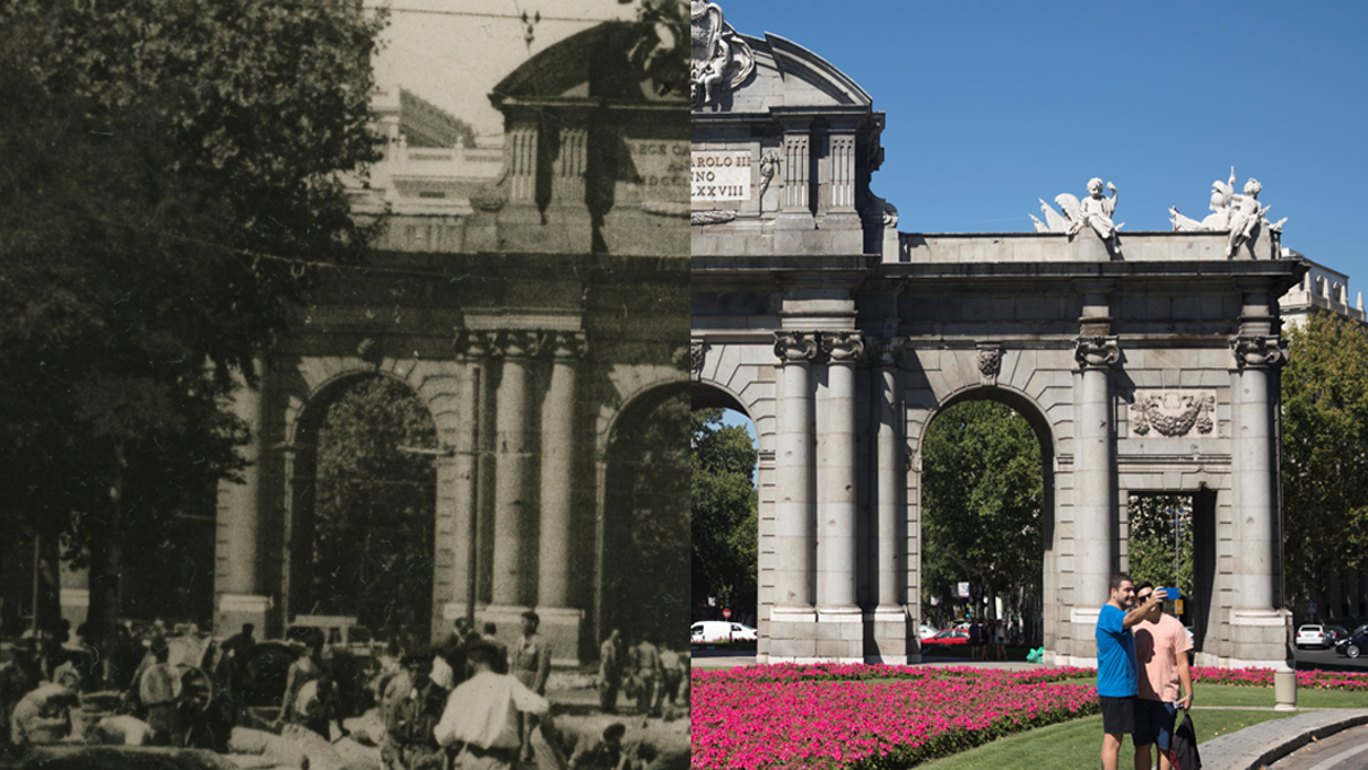 Imagen de la Puerta de Alcalá antes (1951) y después (2017)