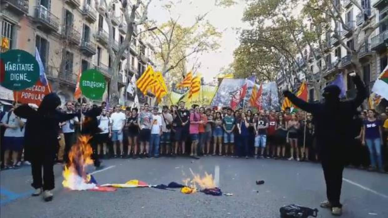 Encapuchados queman banderas de España, Francia y la UE en una marcha convocada por la CUP