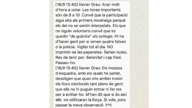 El «pásalo» del 1-O: «Conviene hacer guardia por si vienen fachas o la Policía»