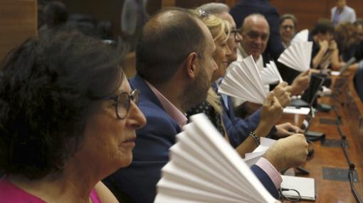 Diputados socialistas muestran abanicos de papel, como protesta contra Sánchez Martos