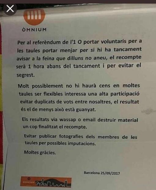 Documento que están recibiendo funcionarios y otros trabajadores y que Òmnium desmiente