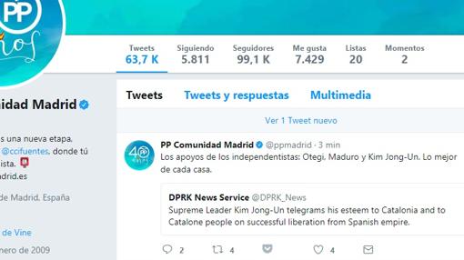 Imagen del tuit publicado en la cuenta del PP de la Comunidad de Madrid