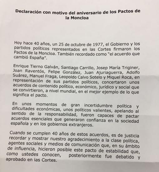 El texto de la declaración en honor a los Pactos de la Moncloa