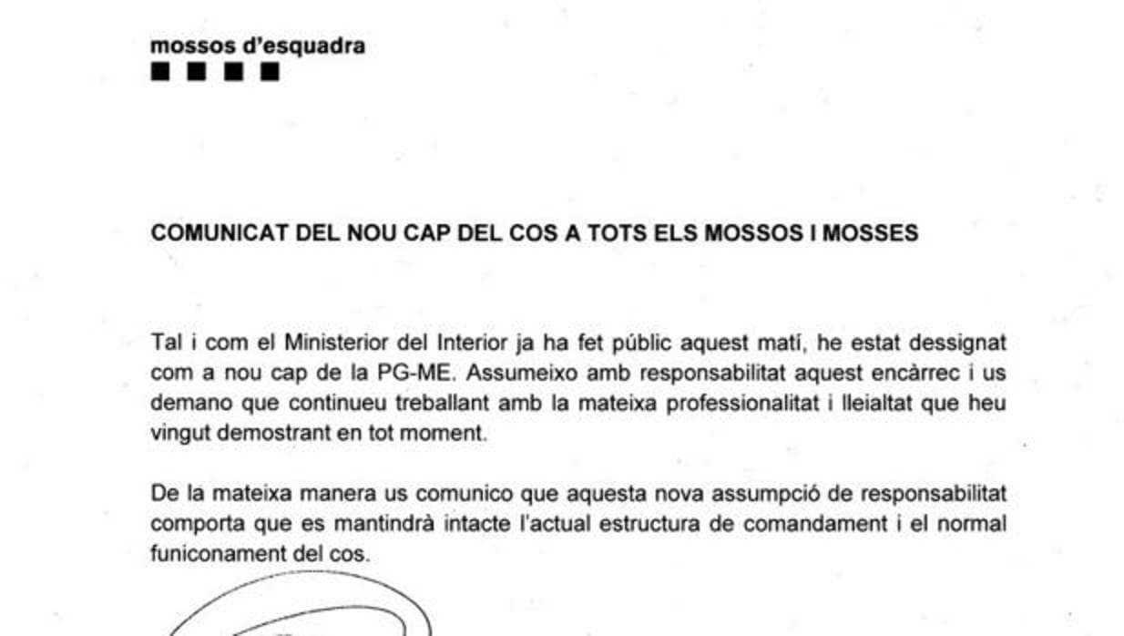 Carta que Ferran López ha enviadoa todos los agentes