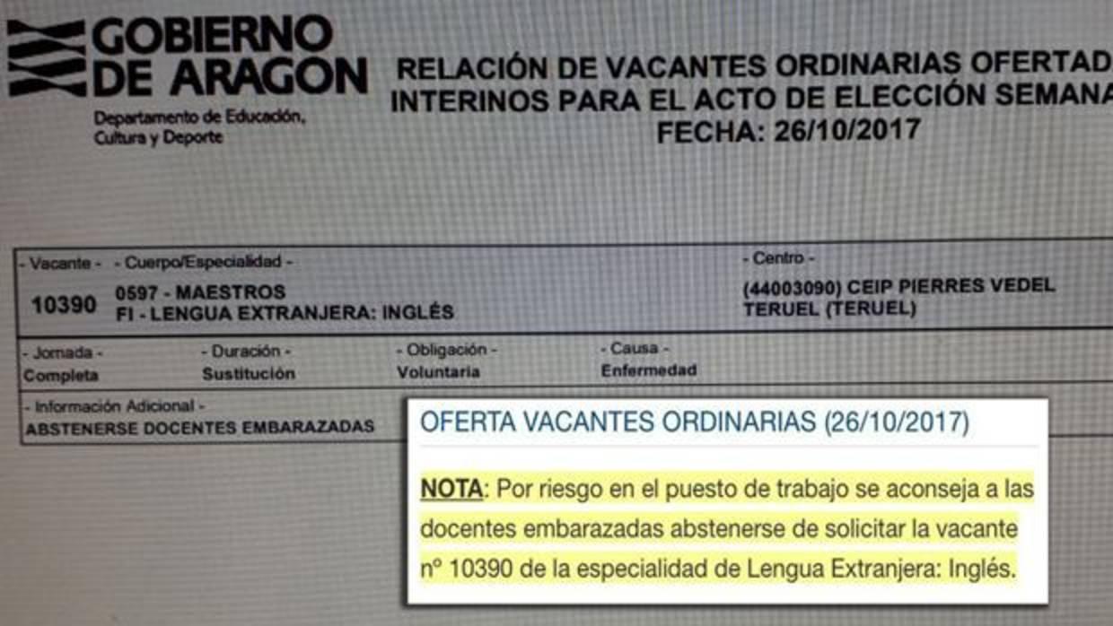 Oferta inicial publicada por la Consejería aragonesa de Eduacción y (en el recuadro) la aclaración posterior