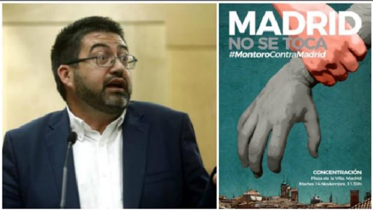 Carlos Sánchez Mato; a la derecha, el cartel de la convocatoria