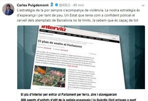 Captura del «tuit» colgado por Puigdemont esta tarde