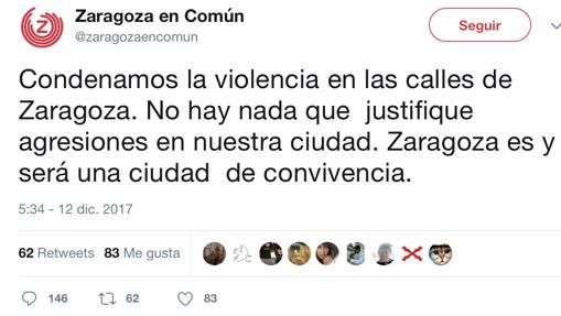 El 'twitt' oficial de ZEC, que gobierna en Zaragoza, condena «la violencia». No habla de asesinato, ni hace referencia alguna a la víctima