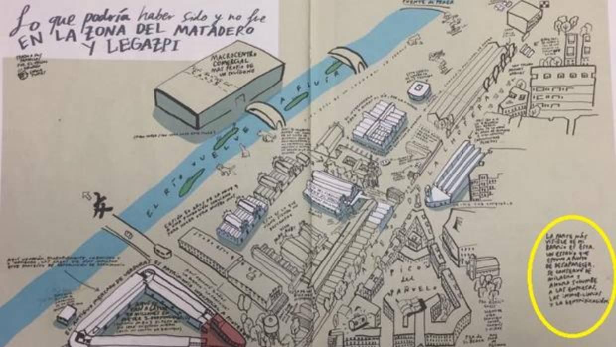 Uno de los pasajes de la revista. El aparatado subrayado dice: «La parte más visible de mi barrio es esta, un espacio que estuvo a punto de desaparecer, se conservó de milagro y ahora suumbe a las empresas, las inmobiliarias y la gentrificación