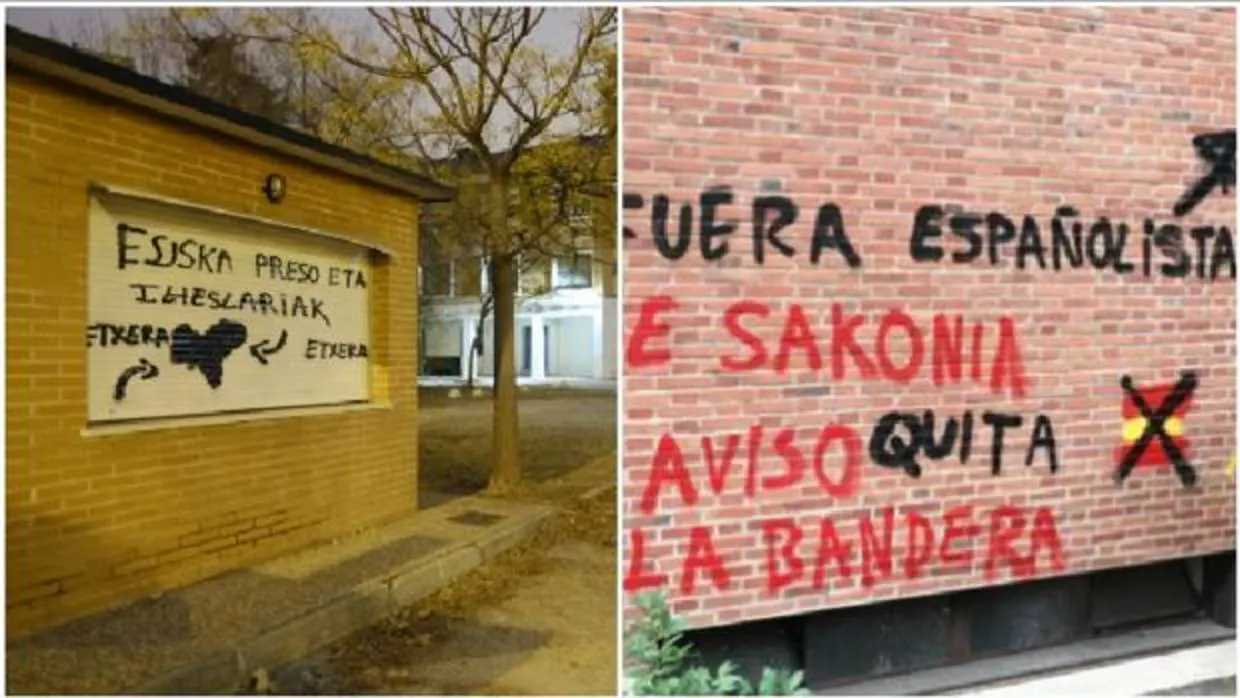 A la izquierda, pintadas a favor de ETA; al lado, la amenaza contra un vecino por colgar la bandera de España