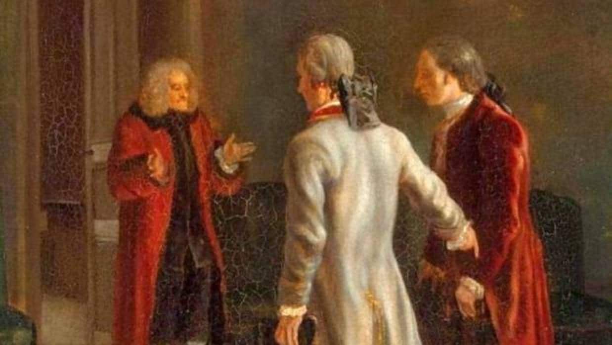 Voltaire dando la bienvenida a invitados en Suiza, pintado por Jean Huber
