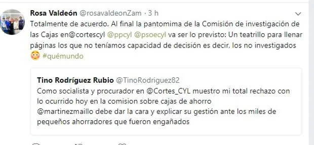Tuit de Rosa Valdeón refiriéndose a la comisión de investigación sobre las cajas de ahorro en las Cortes