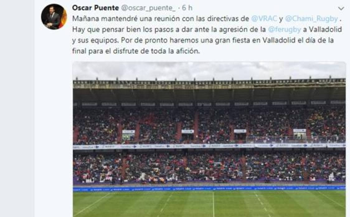 Tuit de Óscar Puente contra la Federación Española de Rugby