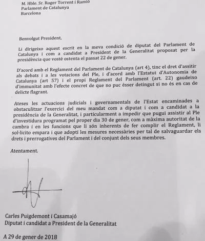 La carta de Puigdemont a Torrent