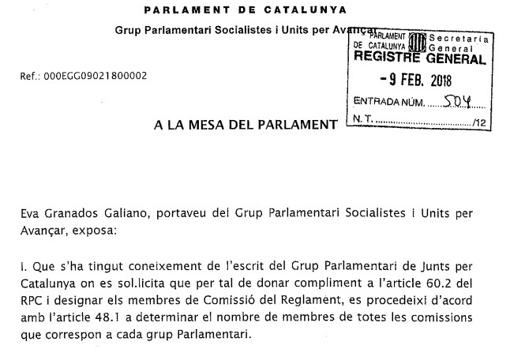 El PSC pide detener la comisión del Parlament que permitiría una investidura a distancia de Puigdemont