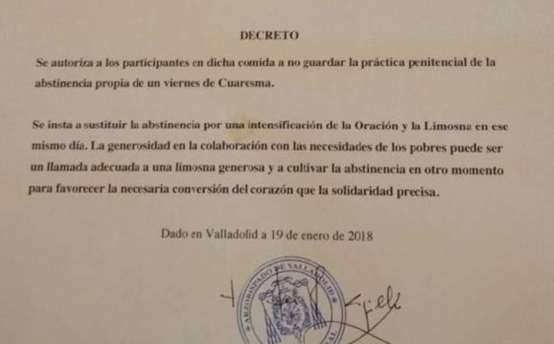 «Bula solidaria» del Arzobispado de Valladolid para comer un cocido en viernes de Cuaresma