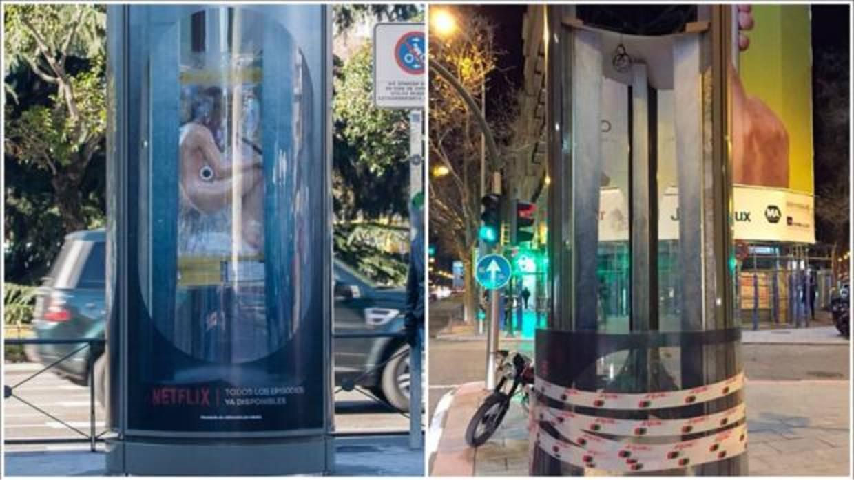 A la dcha. una de las estructuras publicitarias con el cuerpo; a la izda., otra vacía tras el robo