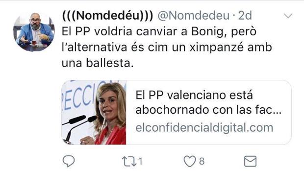 Un alto cargo de la Generalitat equipara a la secretaria general del PP valenciano con un «chimpancé»