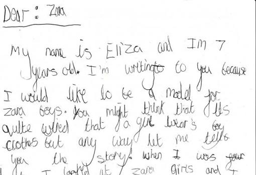 Captura de la carta manuscrita enviada por Eliza a Zara
