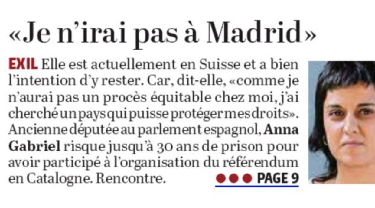 Extracto donde Le Temps califica a Gabriel como «exdiputada del parlamento español»