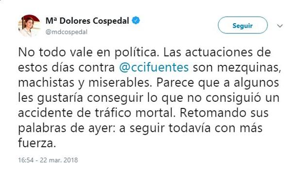 Cospedal cree que «algunos» críticos de Cifuentes desean su muerte