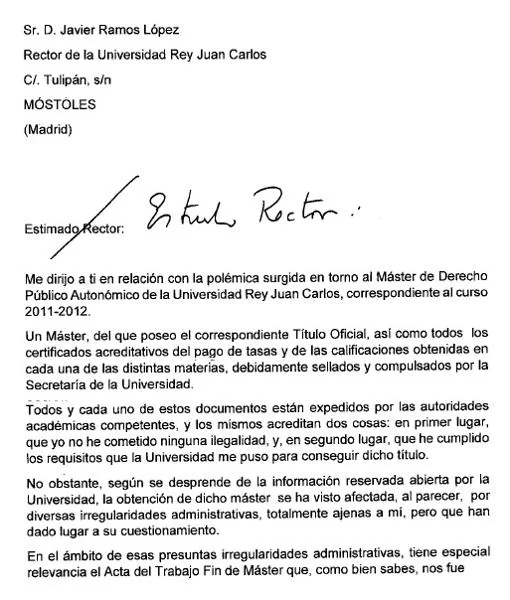 Extracto de la carta de Cifuentes a Javier Ramos