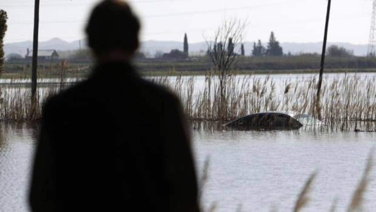 Un ganadero observa el nivel de la crecida del Ebro en Aragón