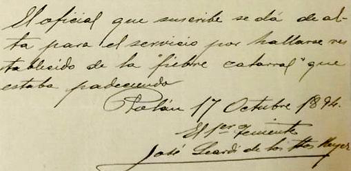 Manuscrito del teniente Leardi, fechado en Polán, dando cuenta de su alta en el servicio tras una enfermedad.