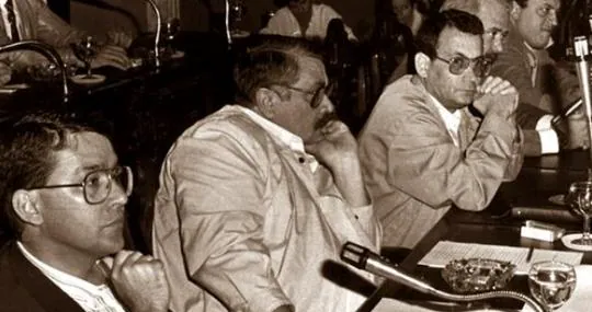 Paulino Rivero, Miguel Barbuzano, Manuel Martín y Melchior en el Cabildo de Tenerife en 1991