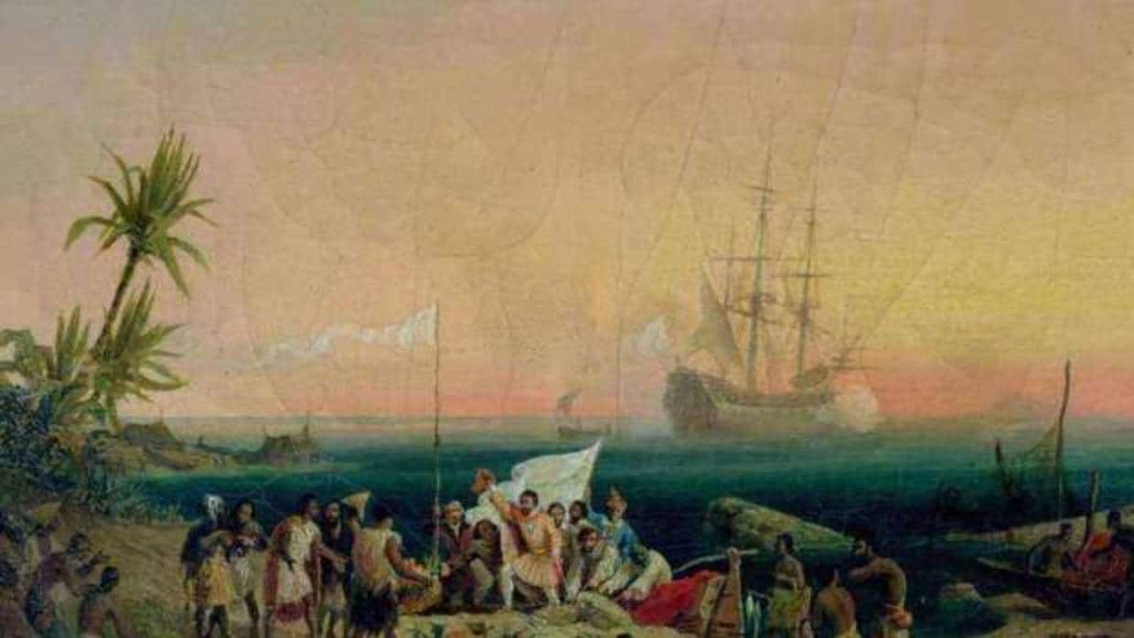 Jean de Bethencourt descubriendo Canarias en 1402 en un óleo sobre lienzo de 1848 Ambroise-Louis Garneray